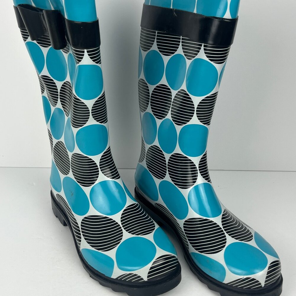 Weather Spirits Rain Boots Size 8 Blue Black Rubber Pull On Low Block Heel 1.3in